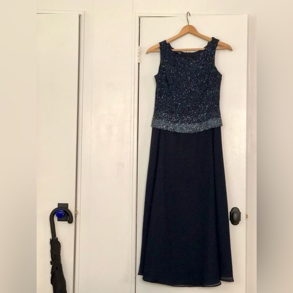 JKARA Navy Beaded Long Evening Dress - Picture 6 of 7